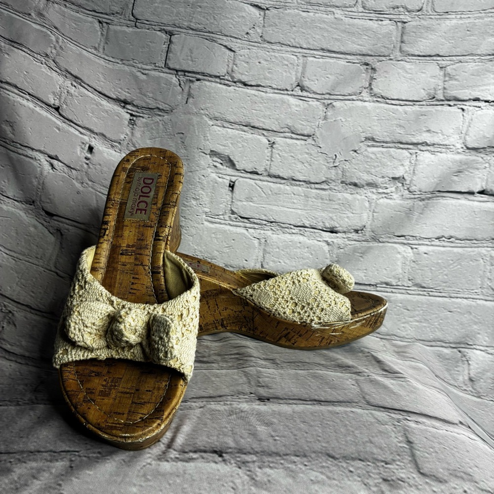 Y2K VTG Boho CottageCore Retro Mod Crochet Bow Wedge Summer Sandals Sz 8.5 90s